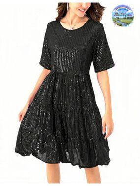Sequin Babydoll Summer Dress Sparkly Glitter Short Flowy Tiered Tunic Party